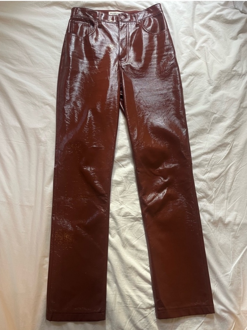Abercrombie Brown Faux Patent Leather 90s Straight Ultra High Rise Pants 27 Long